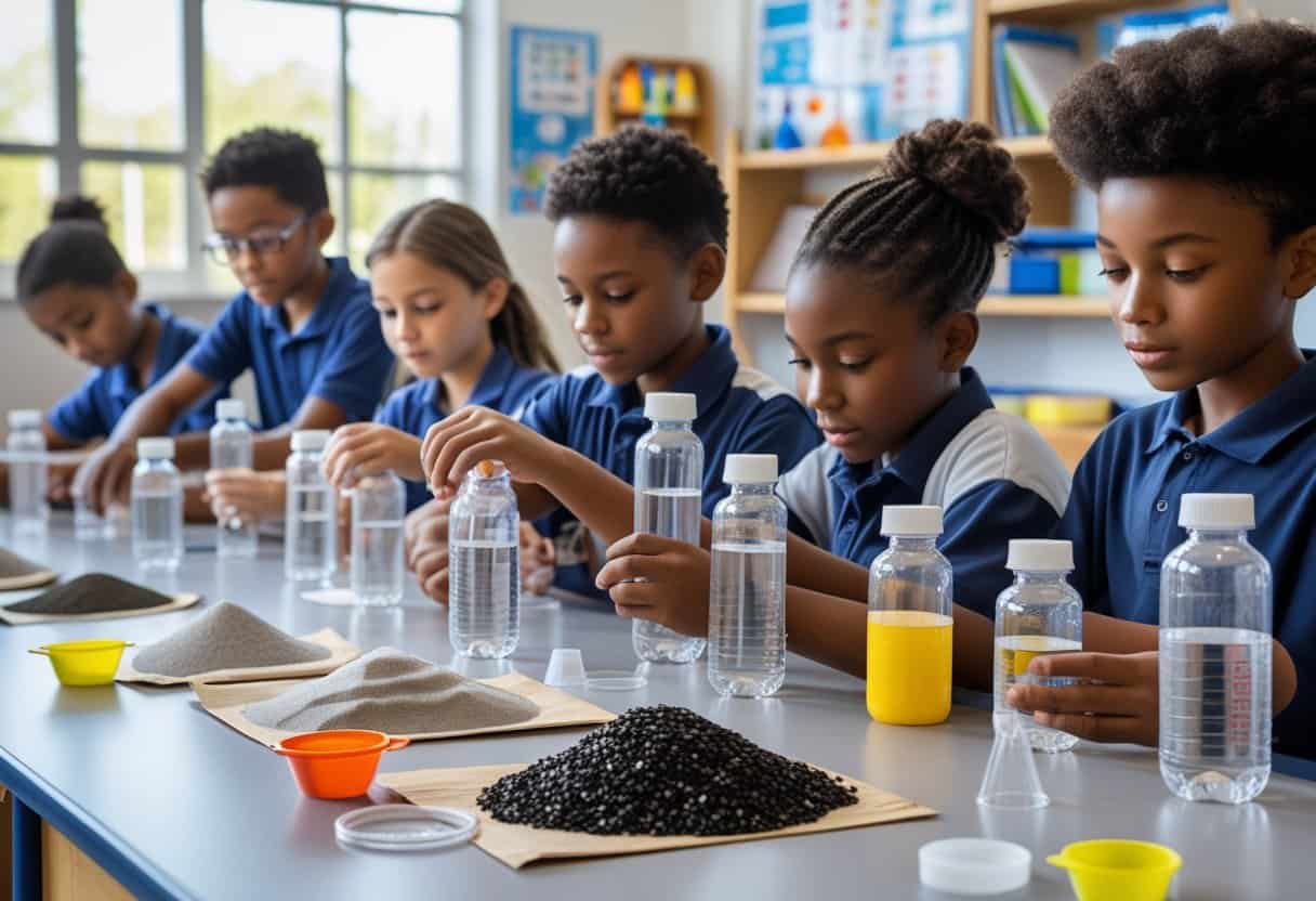 Young students building homemade water filters together in a classroom science lab.