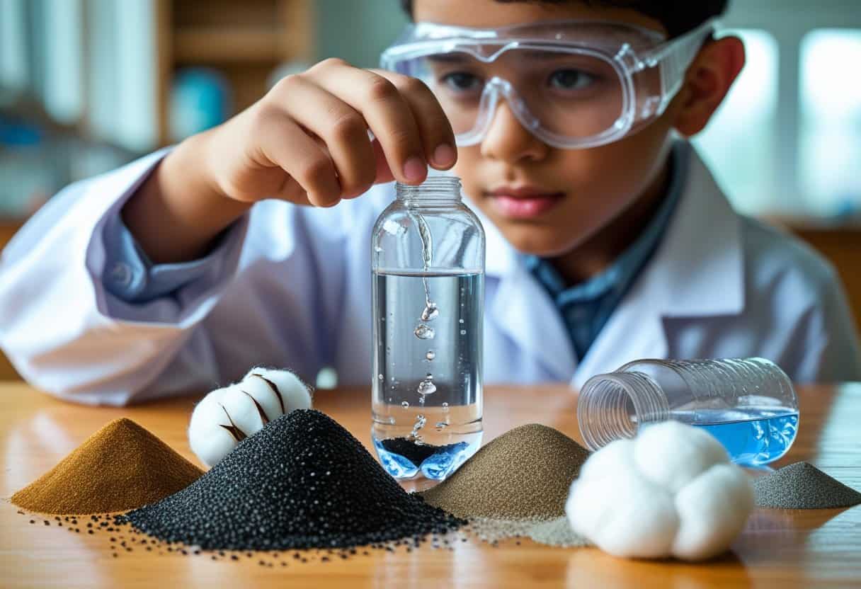 Young student pouring water through a homemade water filter made from sand, charcoal, and gravel on a table.