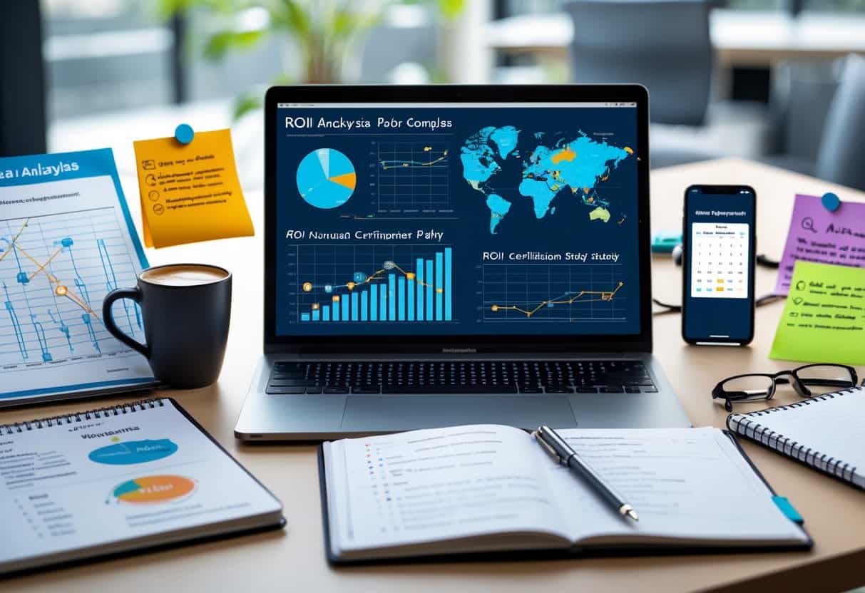 A modern workspace with a laptop showing charts, an open notebook with notes, a printed roadmap, sticky notes, and a smartphone on a clean desk.