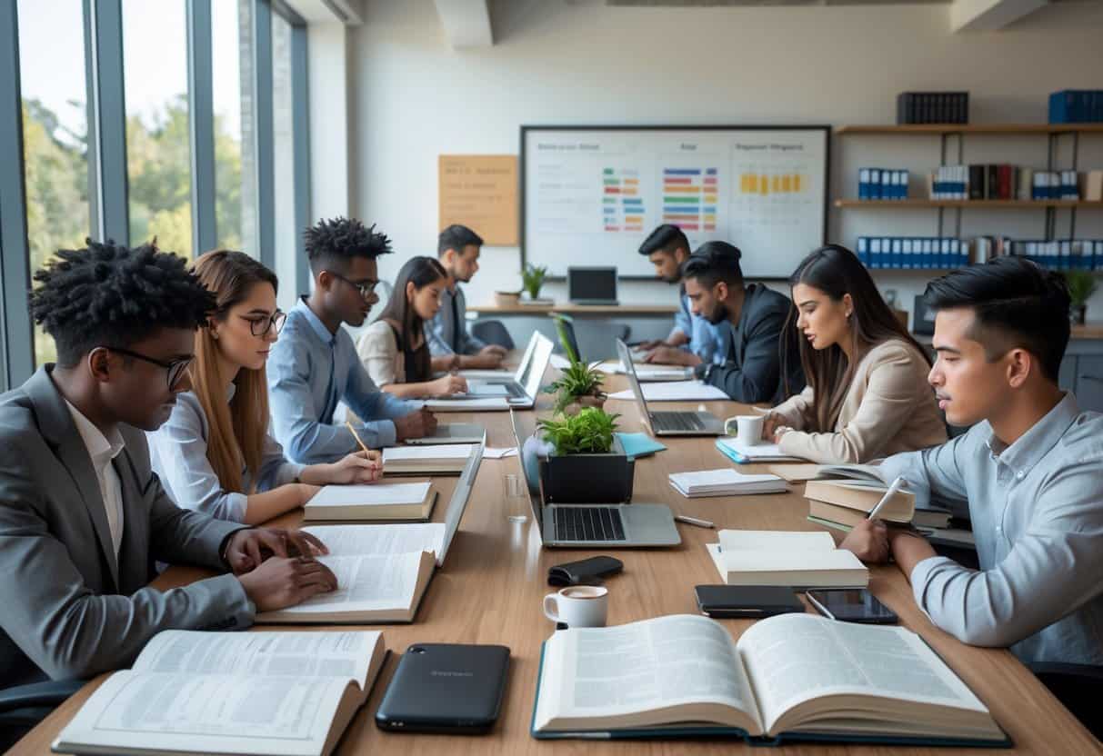 A group of young adults studying together at a table filled with books and laptops in a bright, organized room.