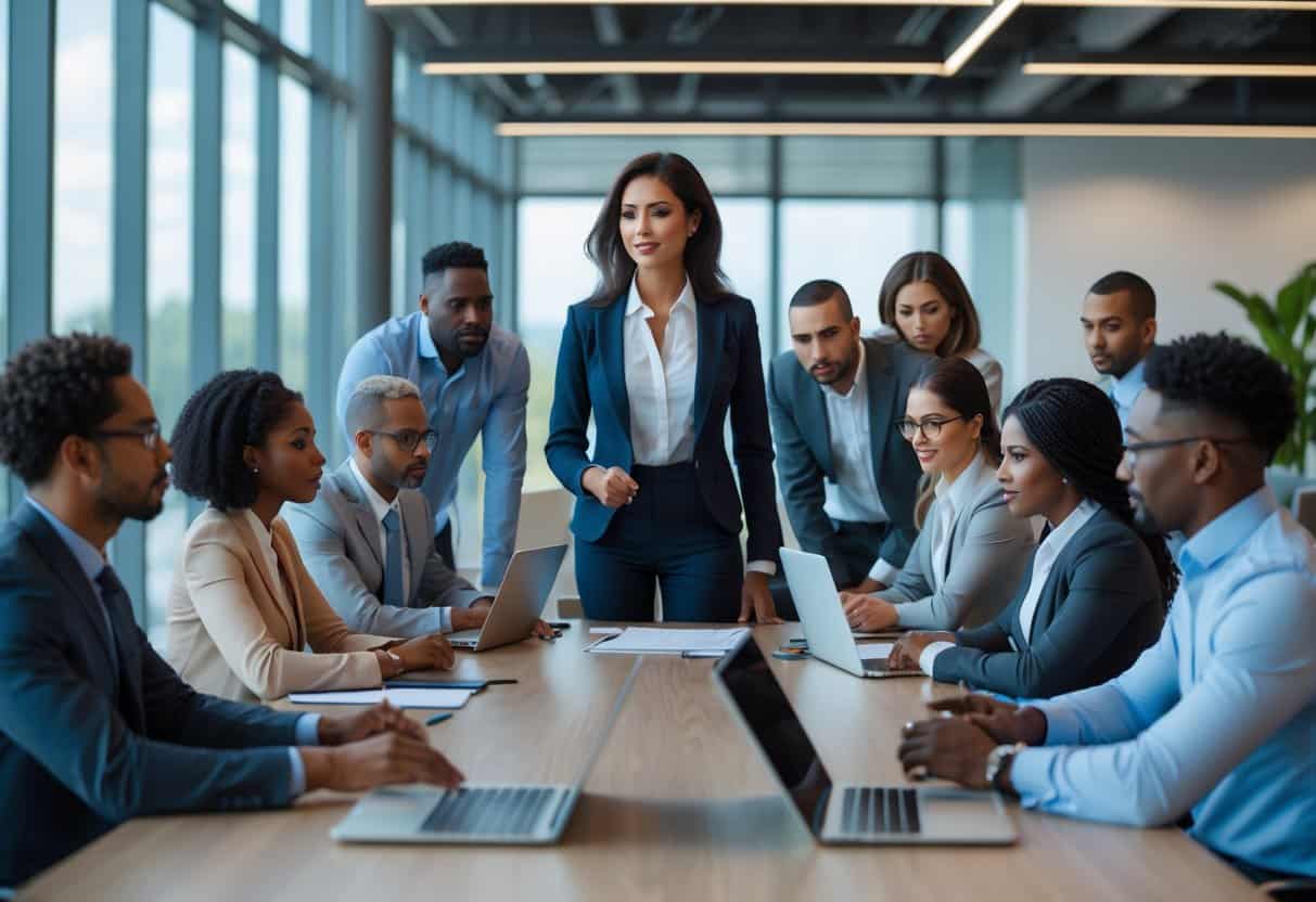 A confident businesswoman leading a meeting with attentive colleagues around a conference table in a modern office.