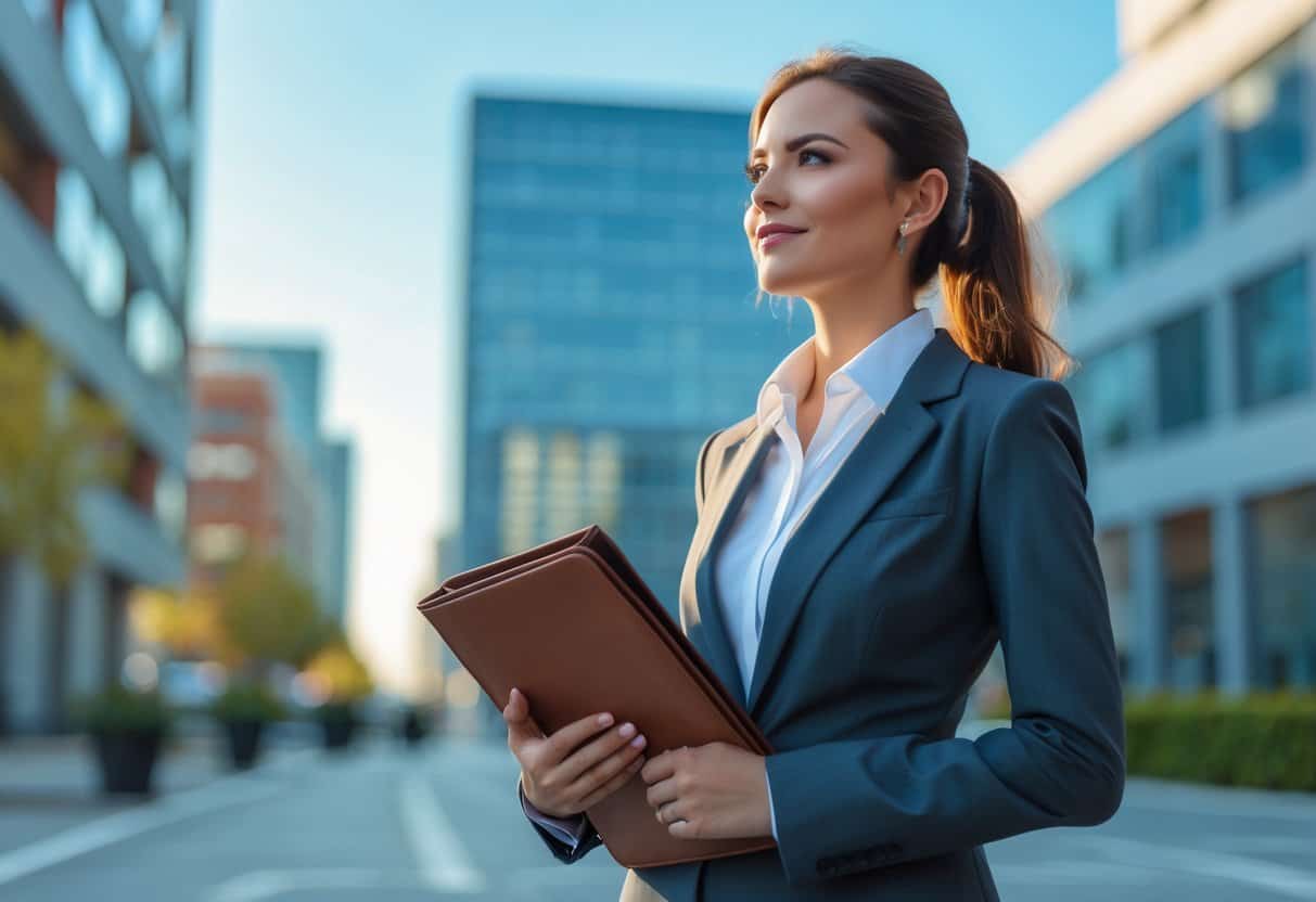 A young businesswoman standing outdoors in a city, looking confidently into the distance while holding a portfolio.