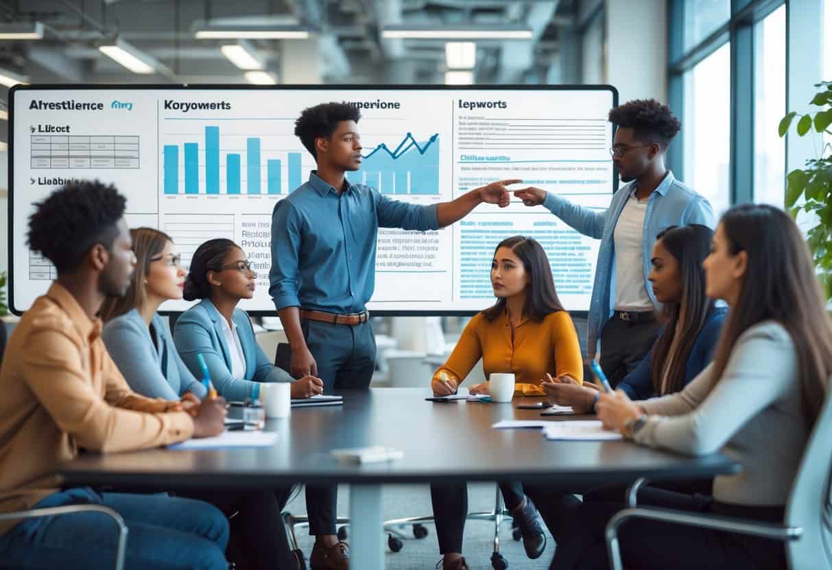 A diverse group of young adults in an office collaborating around a digital whiteboard, showing focus and determination.