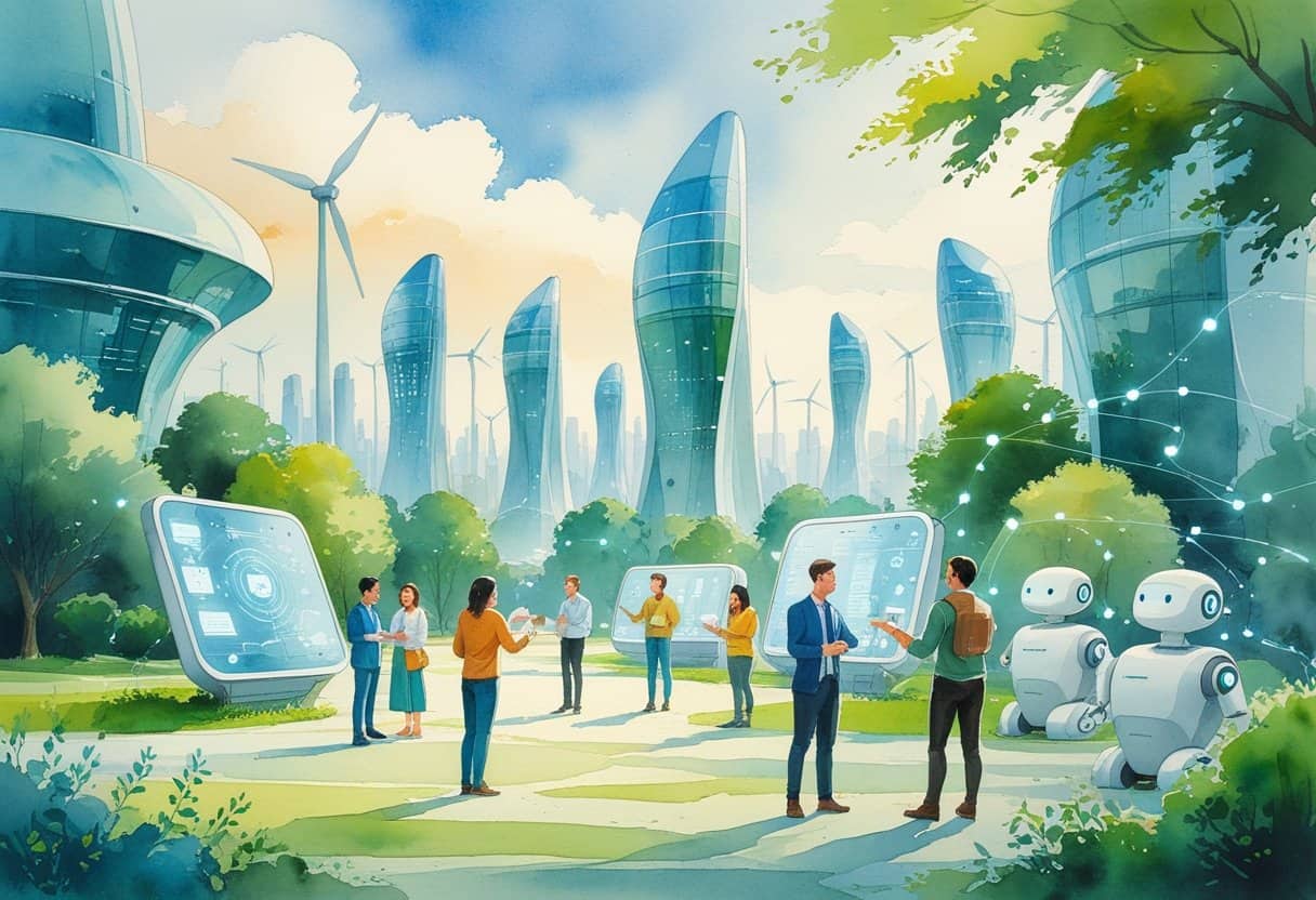 A futuristic city with people collaborating alongside robots and digital interfaces, surrounded by green spaces and wind turbines.