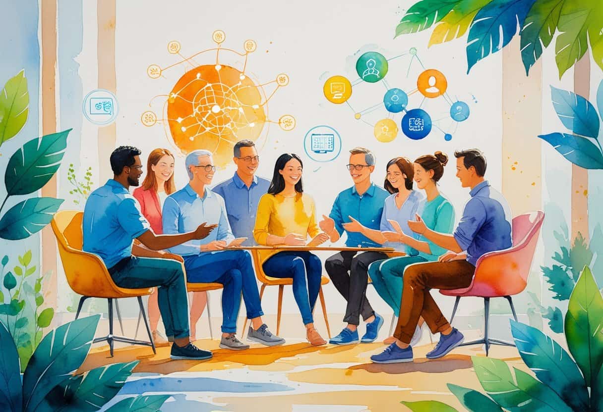 A diverse group of people collaborating and supporting each other in a bright open space with abstract elements representing technology and connection.