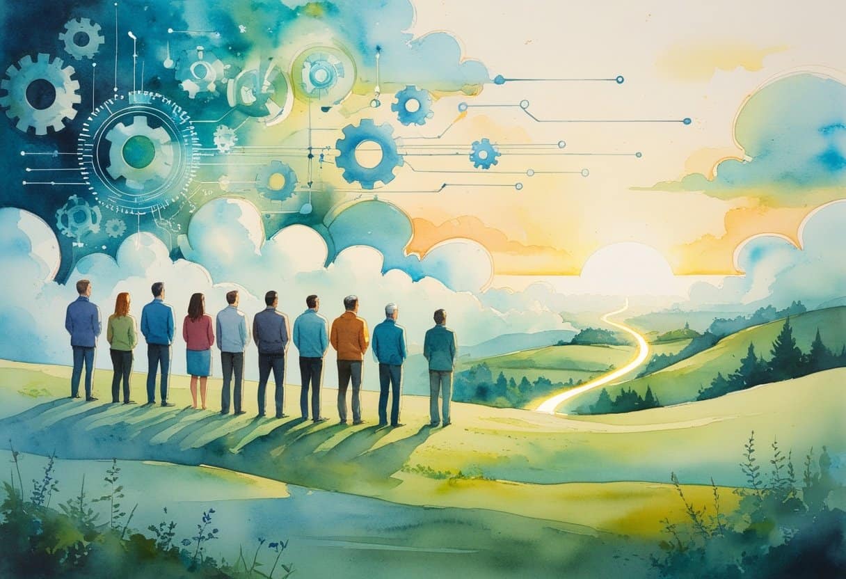 A group of diverse people standing on a hill looking toward a bright horizon with soft gears and circuit patterns blending with clouds above them.