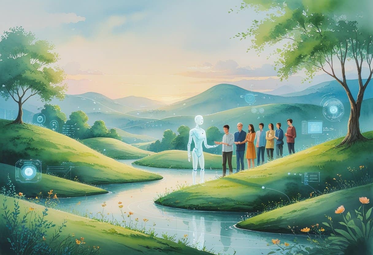 A peaceful scene showing a glowing humanoid figure interacting with diverse people in a green landscape with hills, trees, and a soft sky, blending natural and futuristic elements.