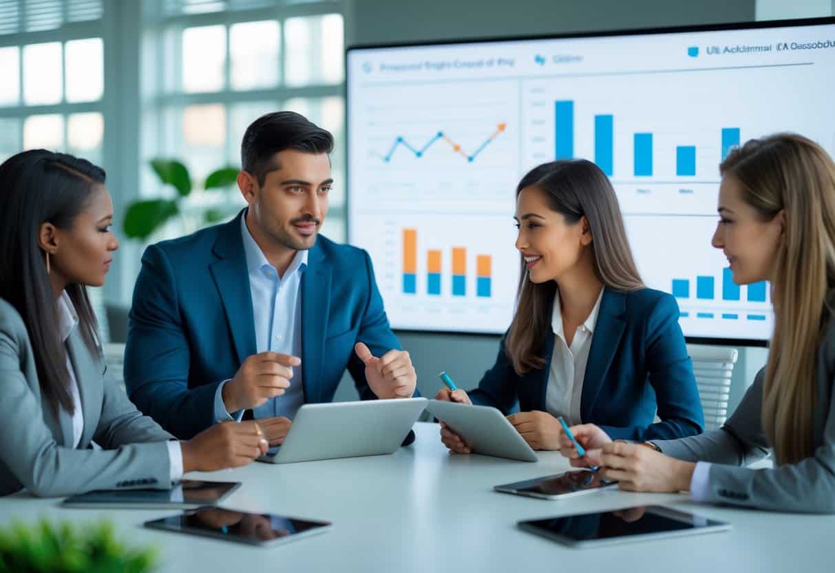 Three business professionals in a modern office engaged in a coaching session with digital devices and a screen showing progress charts.