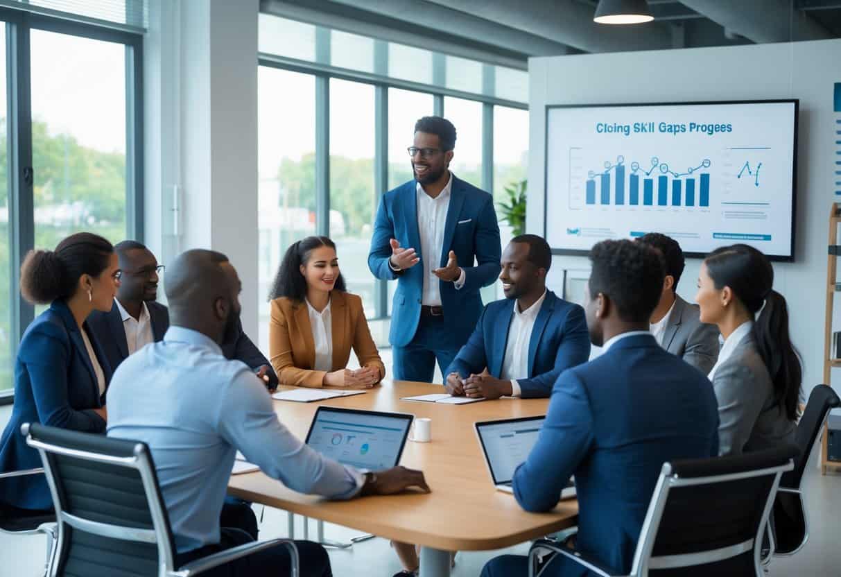 A coach leading a diverse group of professionals in a meeting room, discussing skill development and accountability.