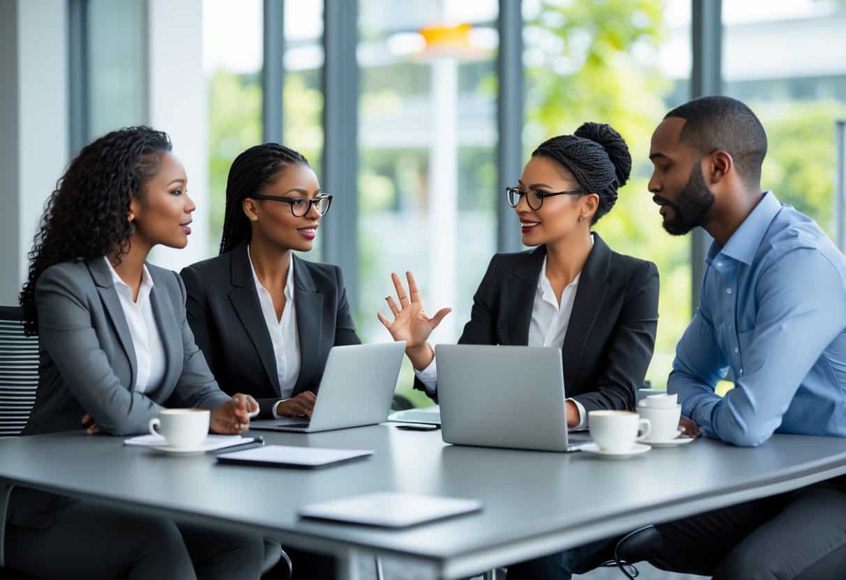Three professionals having a coaching session around a conference table in a bright office.