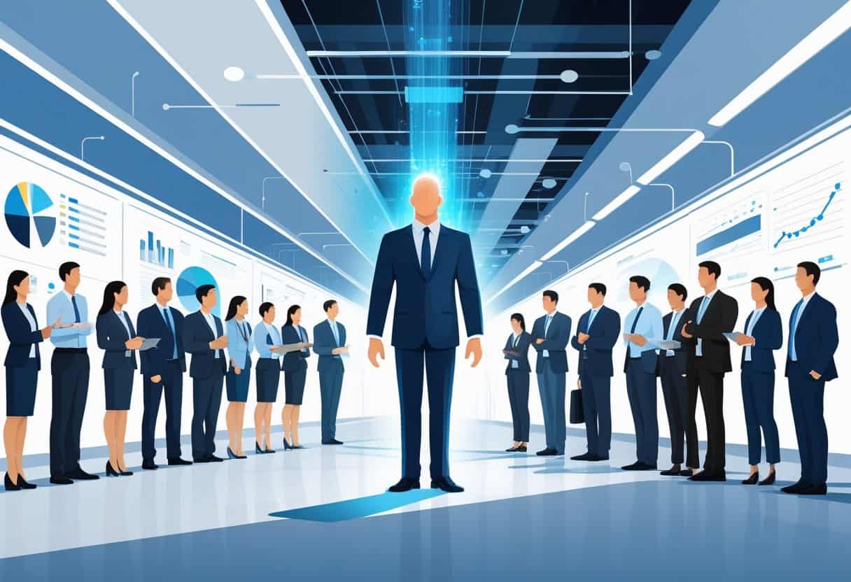 A business scene showing a person causing a blockage in the flow of work between two groups of professionals in an office.