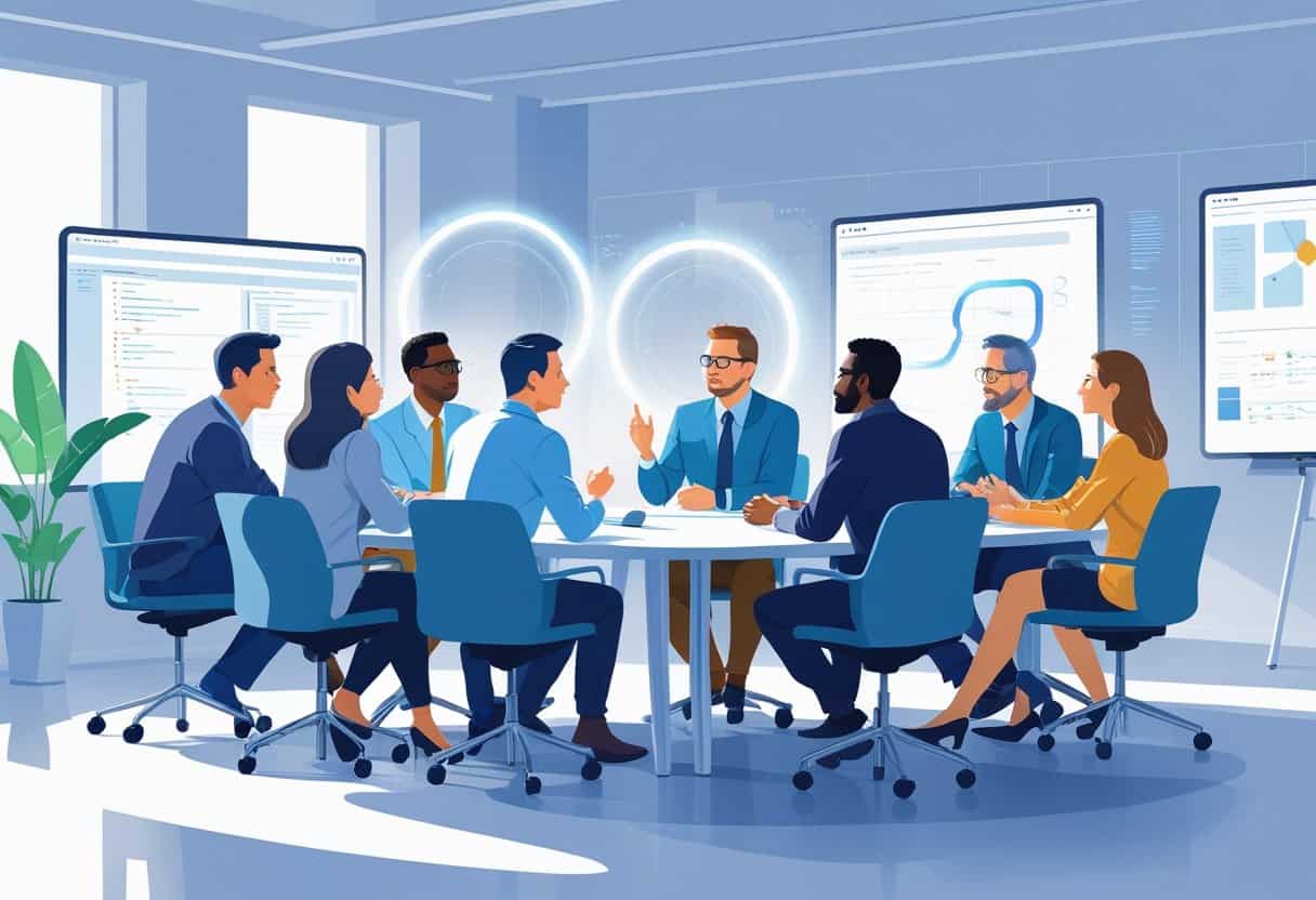 A group of technical leaders collaborating around a conference table in an office, showing attentive and respectful interaction.